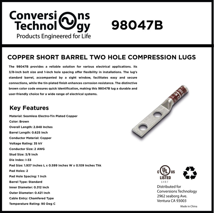 Copper Short Barrel Two Hole Compression Lugs 2 AWG 3/8-inch Bolt Size