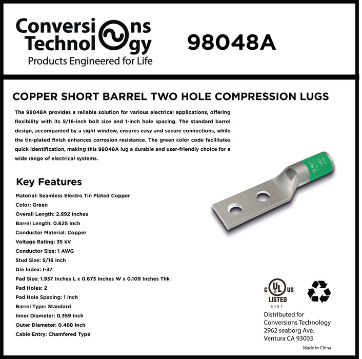 Copper Short Barrel Two Hole Compression Lugs 1 AWG 5/16-inch Bolt Size