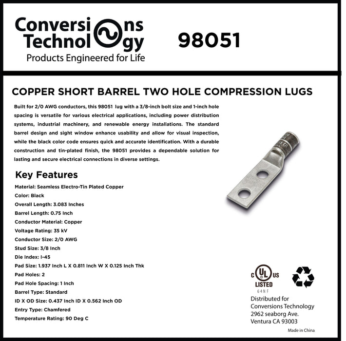 Copper Short Barrel Two Hole Compression Lugs 2/0 AWG 3/8-inch Bolt Size