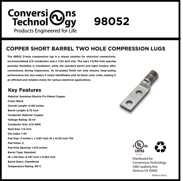 Copper Short Barrel Two Hole Compression Lugs 2/0 AWG 1/2-inch Bolt Size