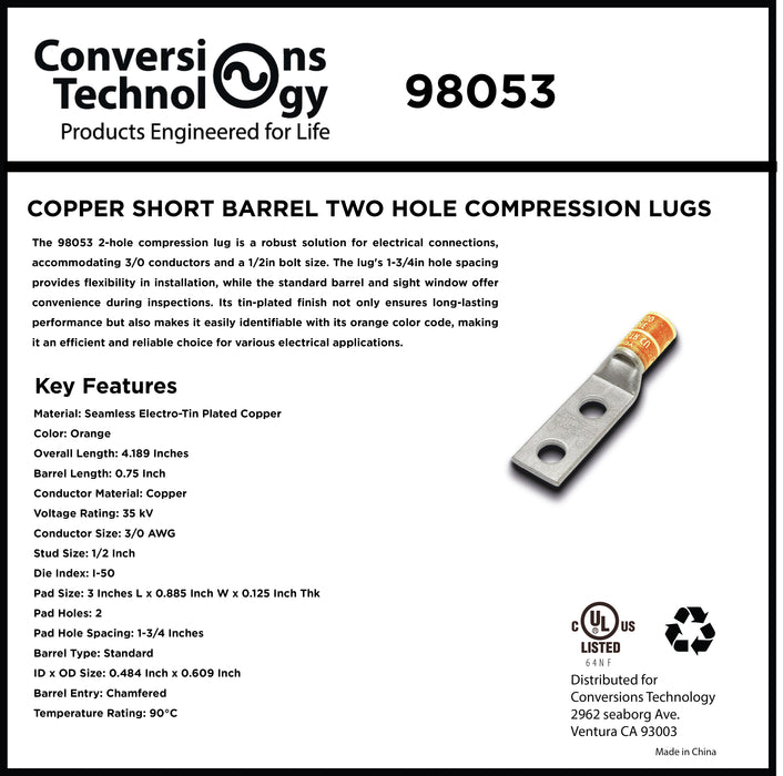 Copper Short Barrel Two Hole Compression Lugs 3/0 AWG 1/2-inch Bolt Size