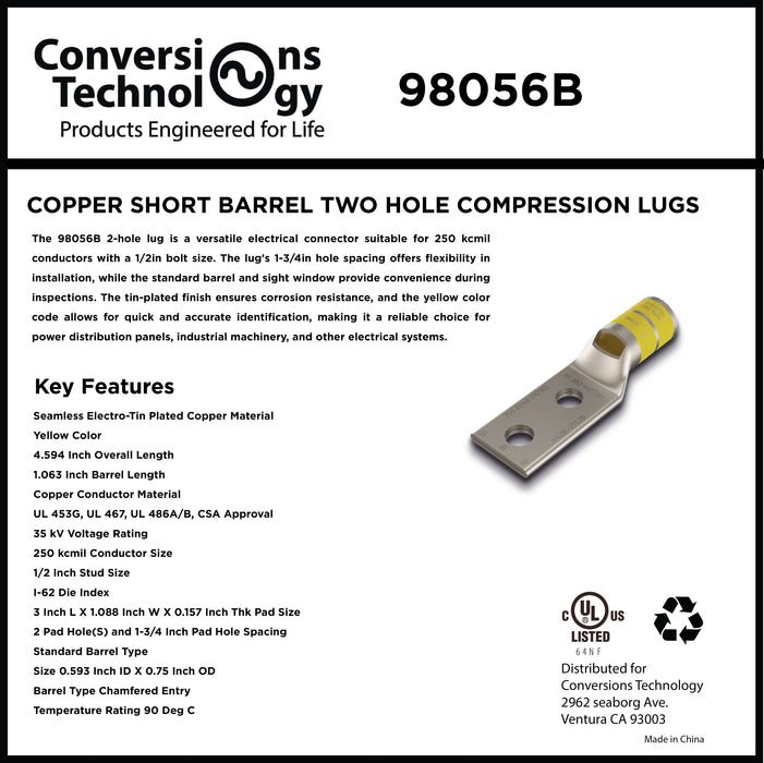 Copper Short Barrel Two Hole Compression Lugs250 kcmil 1/2-inch Bolt Size