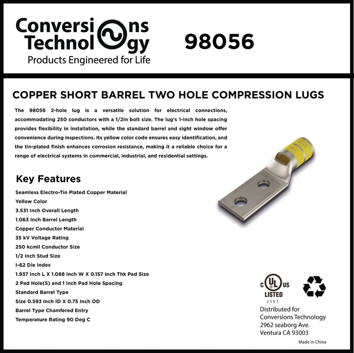 Copper Short Barrel Two Hole Compression Lugs 250 kcmil 1/2-inch Bolt Size