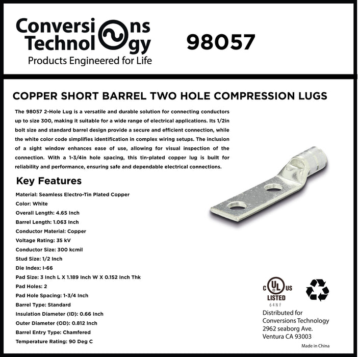 Copper Short Barrel Two Hole Compression Lugs 300 kcmil 1/2-inch Bolt Size