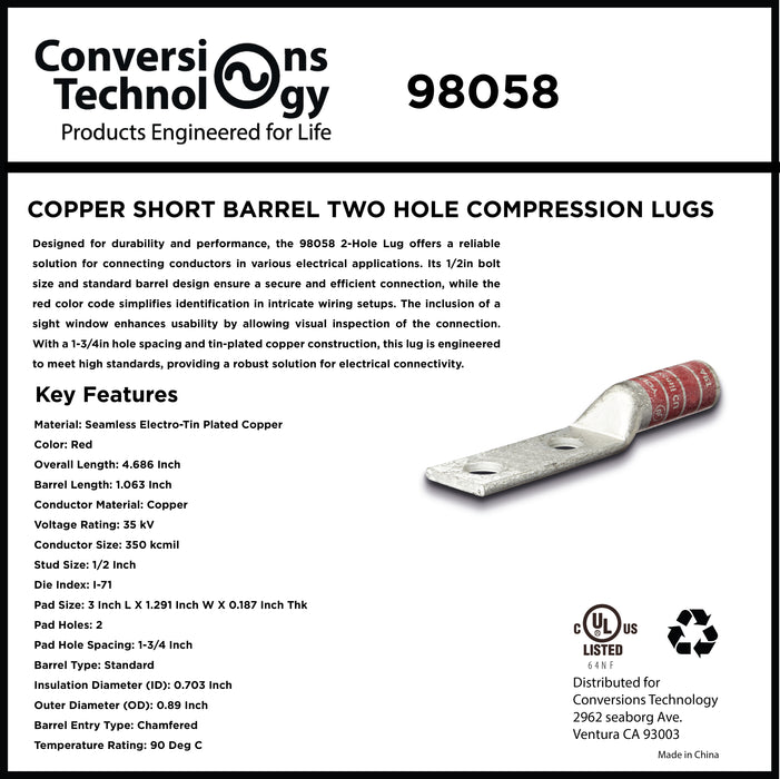 Copper Short Barrel Two Hole Compression Lugs 350 kcmil 1/2-inch Bolt Size