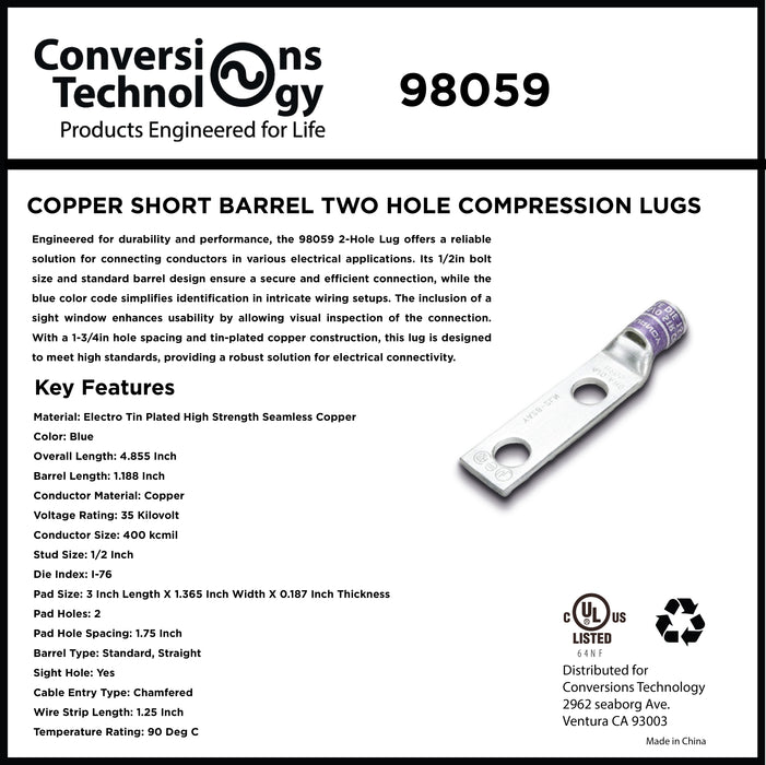 Copper Short Barrel Two Hole Compression Lugs 400 kcmil 1/2-inch Bolt Size