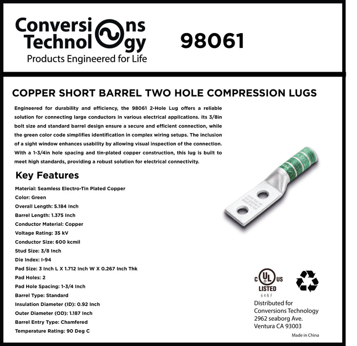 Copper Short Barrel Two Hole Compression Lugs 600 kcmil 3/8-inch Bolt Size