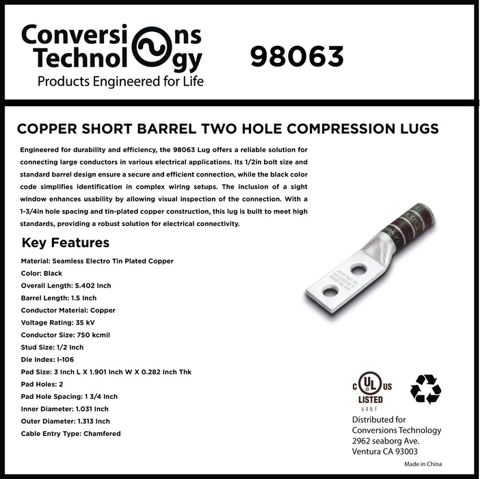 Copper Short Barrel Two Hole Compression Lugs 750 kcmil 1/2-inch Bolt Size
