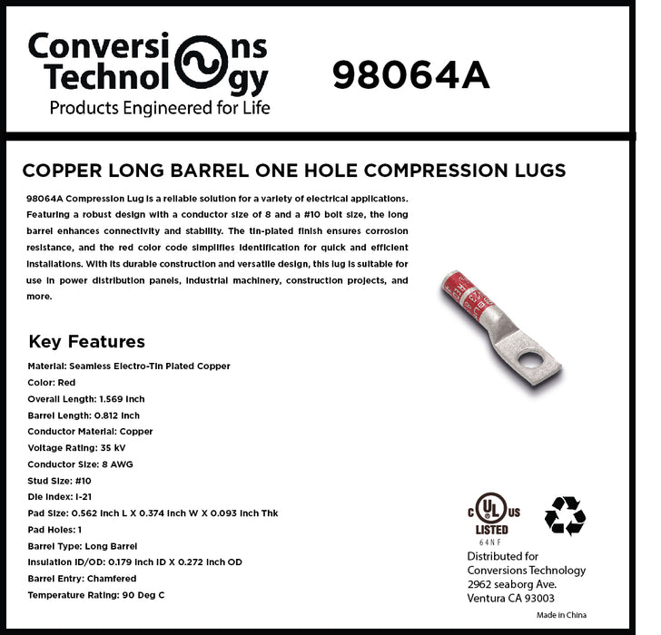 Copper Long Barrel One Hole Compression Lug 8 AWG #10 Bolt Size
