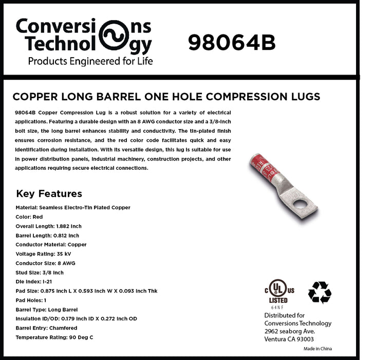 Copper Long Barrel One Hole Compression Lug 8 AWG 3/8-Inch Bolt Size