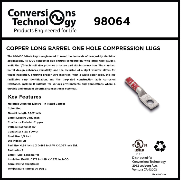 Copper Long Barrel One Hole Compression Lug 8 AWG 1/4 Inch Bolt Size