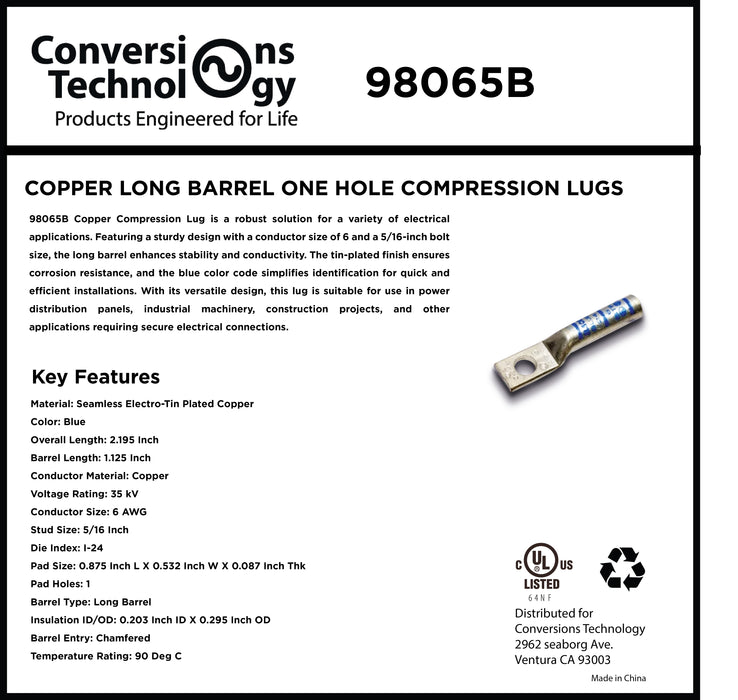 Copper Long Barrel One Hole Compression Lug 6 AWG 5/16-inch Bolt Size