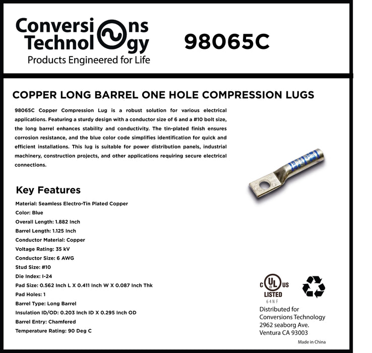 Copper Long Barrel One Hole Compression Lug 6 AWG #10 Bolt Size