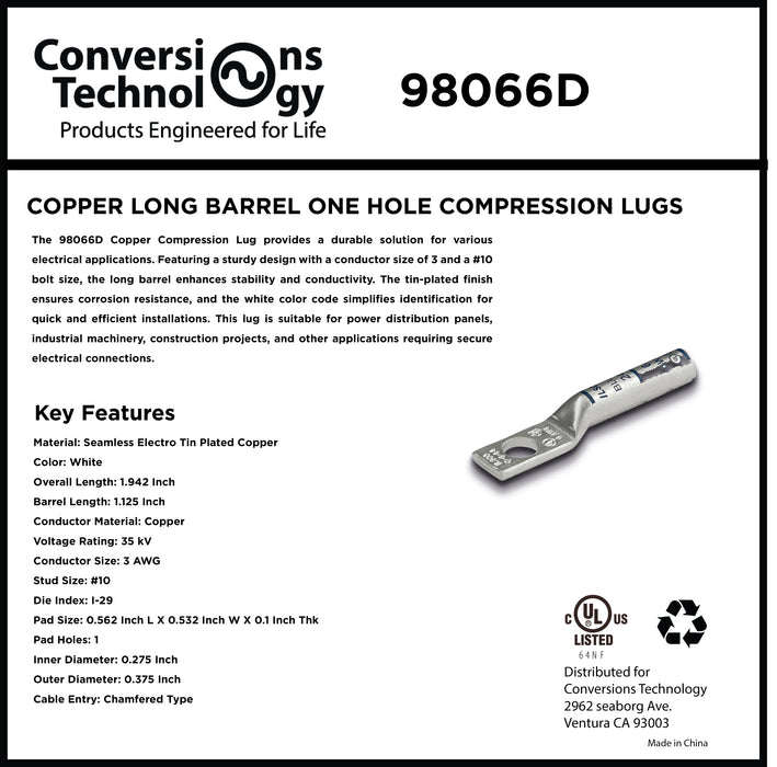 Copper Long Barrel One Hole Compression Lug 3 AWG #10 Bolt Size