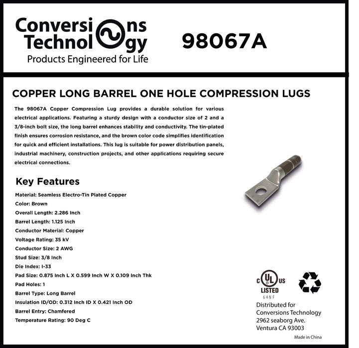 Copper Long Barrel One Hole Compression Lug 2 AWG 3/8-inch Bolt Size