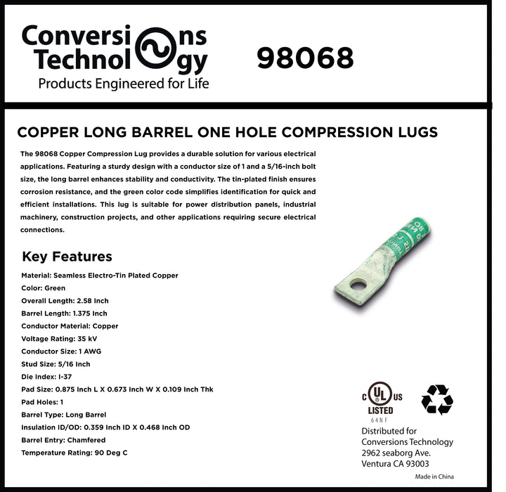 Copper Long Barrel One Hole Compression Lug 1 AWG 5/16-Inch Bolt Size