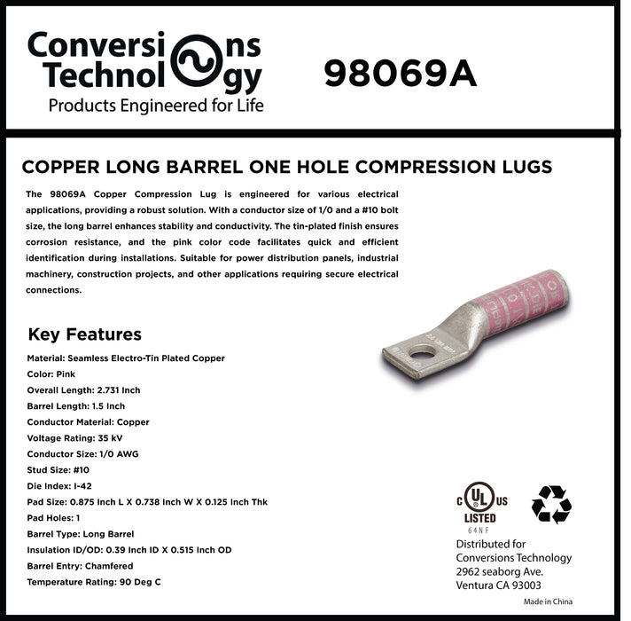 Copper Long Barrel One Hole Compression Lug 1/0 AWG #10 Bolt Size