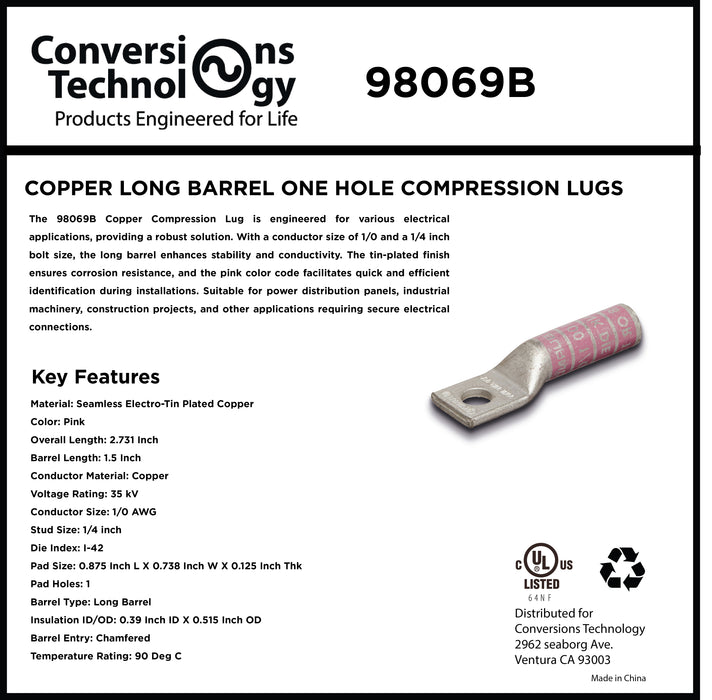 Copper Long Barrel One Hole Compression Lug 1/0 AWG 1/4-inch Bolt Size