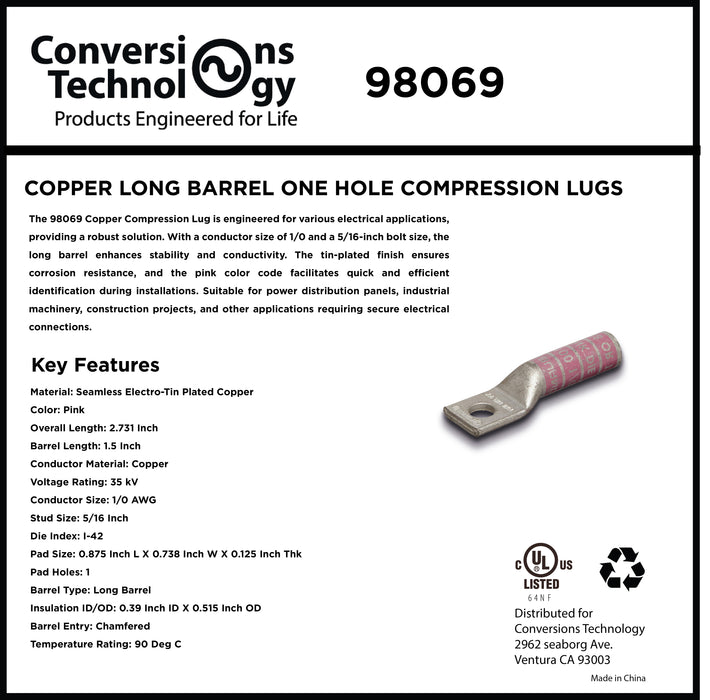 Copper Long Barrel One Hole Compression Lug 1/0 AWG 5/16-inch Bolt Size