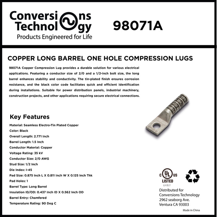 Copper Long Barrel One Hole Compression Lug 2/0 AWG 1/2-inch Bolt Size