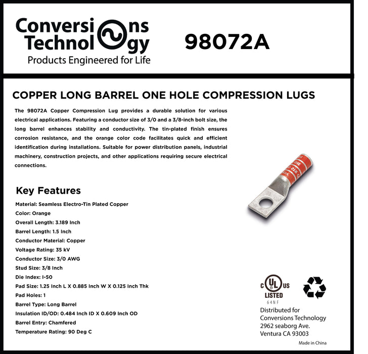 Copper Long Barrel One Hole Compression Lug 3/0 AWG 3/8-inch Bolt Size