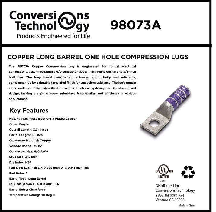 Copper Long Barrel One Hole Compression Lug 4/0 AWG 3/8-inch Bolt Size