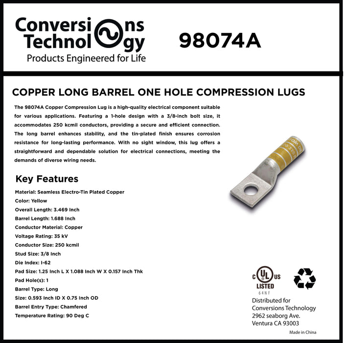 Copper Long Barrel One Hole Compression Lug 250 kcmil 3/8-inch Bolt Size