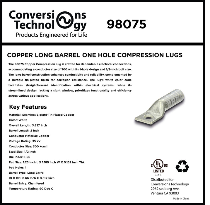 Copper Long Barrel One Hole Compression Lug 300 kcmil 1/2-inch Bolt Size