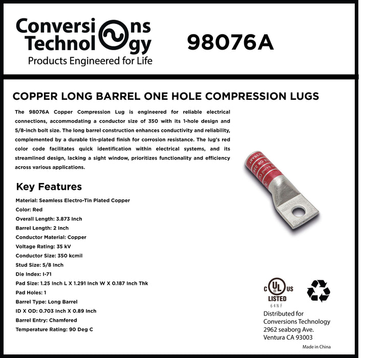 Copper Long Barrel One Hole Compression Lug 350 kcmil 5/8-inch Bolt Size