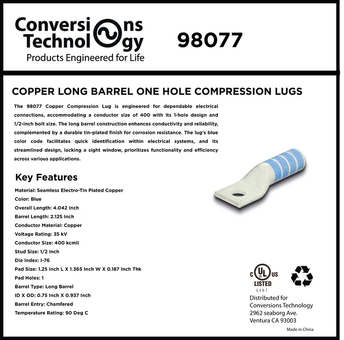 Copper Long Barrel One Hole Compression Lug 400 kcmil 1/2-inch Bolt Size