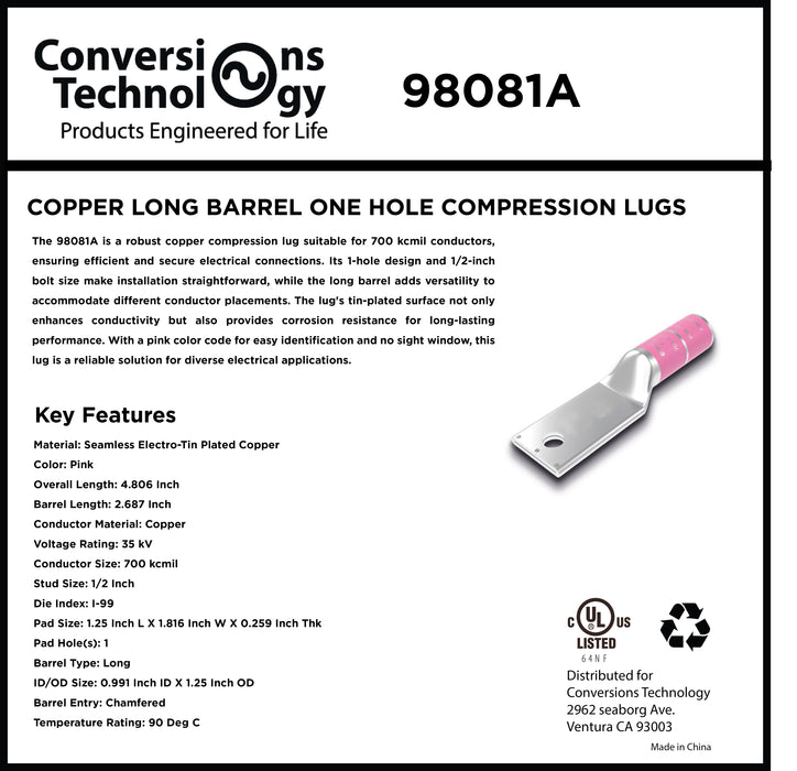 Copper Long Barrel One Hole Compression Lug 700 kcmil 1/2-inch Bolt Size