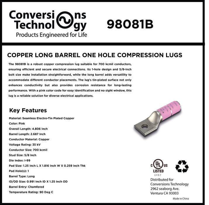 Copper Long Barrel One Hole Compression Lug 700 kcmil 5/8-inch Bolt Size