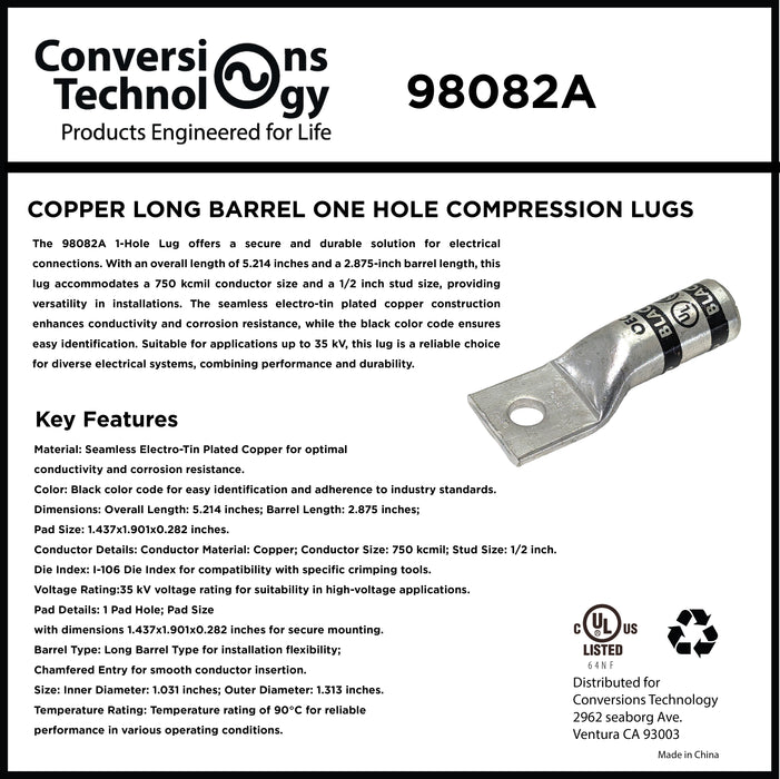Copper Long Barrel One Hole Compression Lug 750 kcmil 1/2-inch Bolt Size