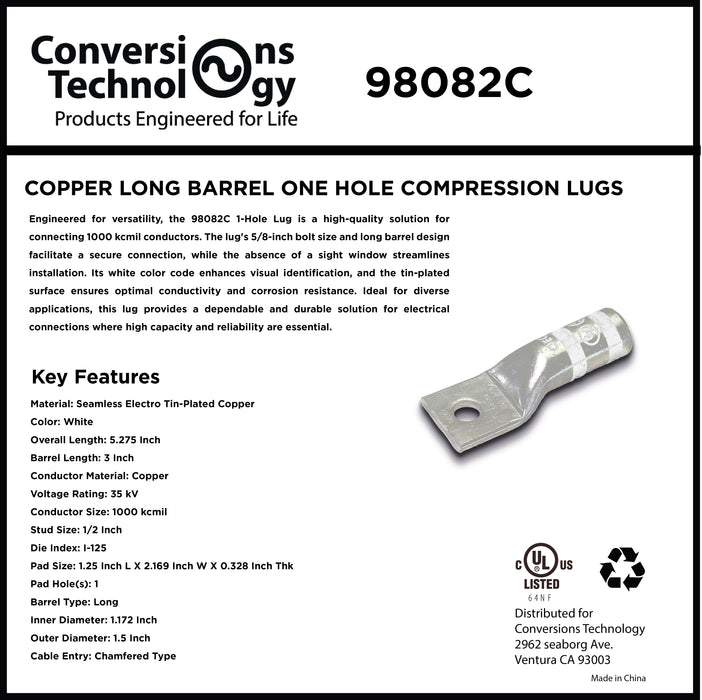 Copper Long Barrel One Hole Compression Lug 1000 kcmil 5/8-inch Bolt Size
