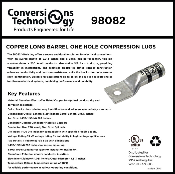 Copper Long Barrel One Hole Compression Lug  750 kcmil  5/8-inch Bolt Size