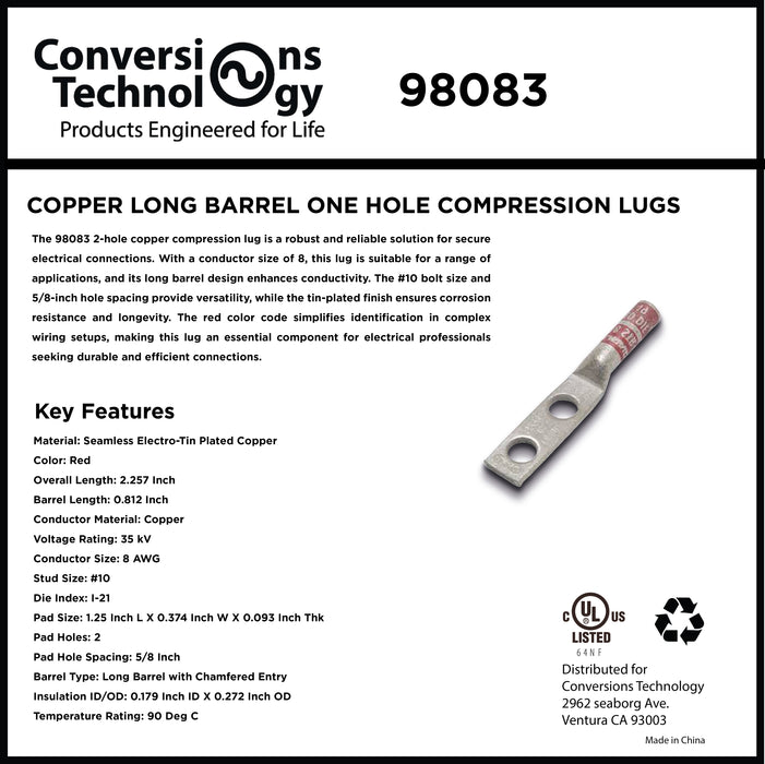 Copper Long Barrel Two Hole Compression Lugs 8 AWG #10 Bolt Size