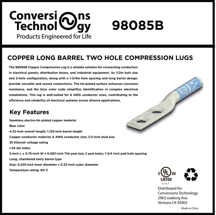 Copper Long Barrel Two Hole Compression Lugs 6 AWG 1/2-inch Bolt Size