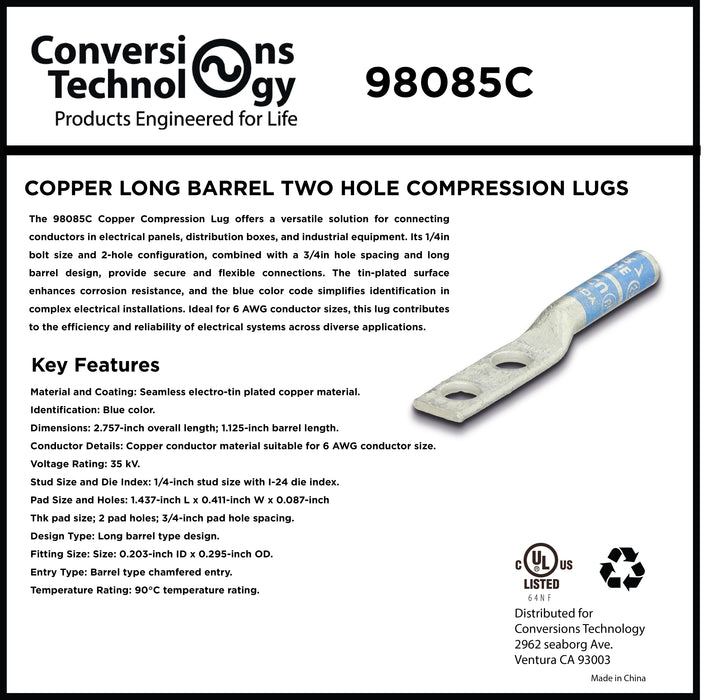 Copper Long Barrel Two Hole Compression Lugs 6 AWG 1/4-inch Bolt Size