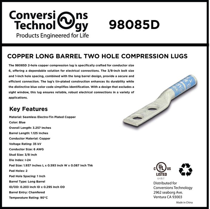 Copper Long Barrel Two Hole Compression Lugs 6 AWG 3/8-inch Bolt Size