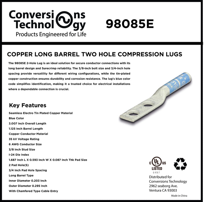 Copper Long Barrel Two Hole Compression Lugs 6 AWG 3/8-inch Bolt Size
