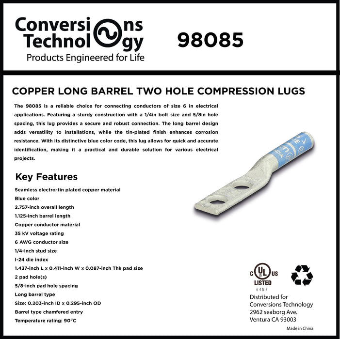 Copper Long Barrel Two Hole Compression Lugs 6 AWG 1/4-inch Bolt Size