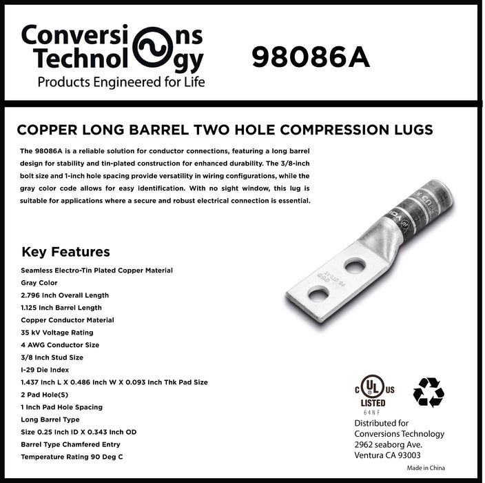 Copper Long Barrel Two Hole Compression Lugs 4 AWG 3/8-inch Bolt Size