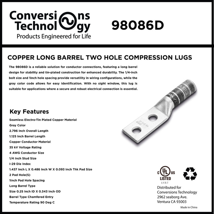Copper Long Barrel Two Hole Compression Lugs 4 AWG 1/4-inch Bolt Size