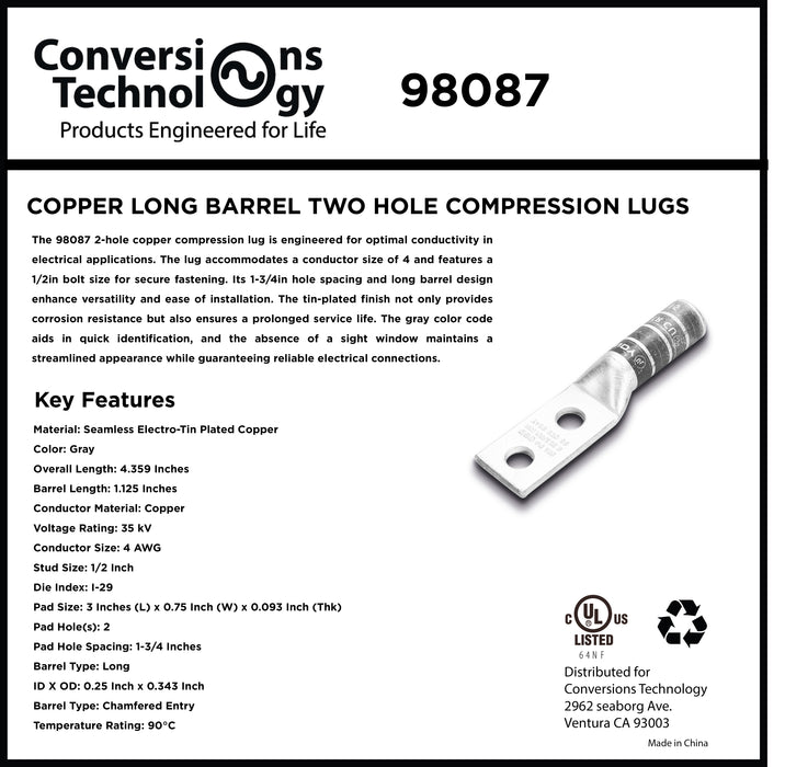 Copper Long Barrel Two Hole Compression Lugs 4 AWG 1/2-inch Bolt Size