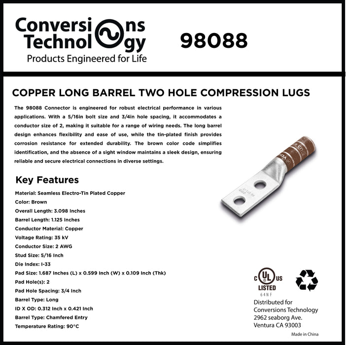 Copper Long Barrel Two Hole Compression Lugs 2 AWG 5/16-inch Bolt Size