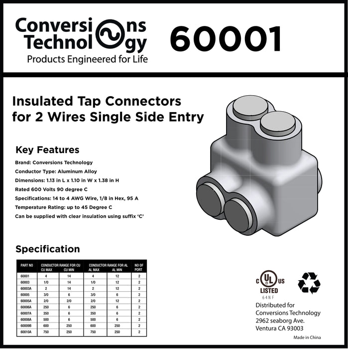 Insulated Tap Connectors For Two Wires Single Side Entry - 60001