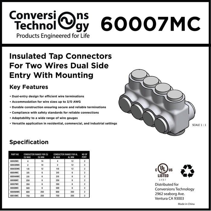 Insulated Tap Connectors for Two Wires Dual-side Entry with Mounting 350 kcmil 2 Port