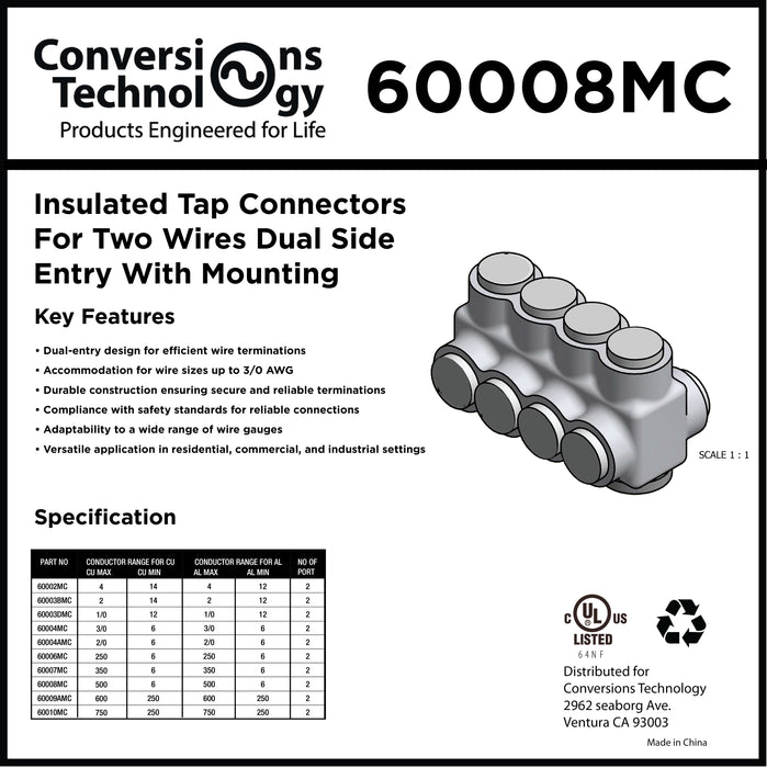 Insulated Tap Connectors for Two Wires Dual-side Entry with Mounting 500 kcmil 2 Port
