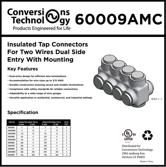 Insulated Tap Connectors for Two Wires Dual-side Entry with Mounting 600 kcmil 2 Port