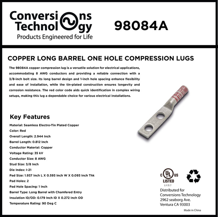 Copper Long Barrel Two Hole Compression Lugs 8 AWG 3/8-inch Bolt Size